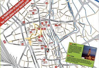 Eine Stadtkarte von Augsburg mit besonderen Markierungen