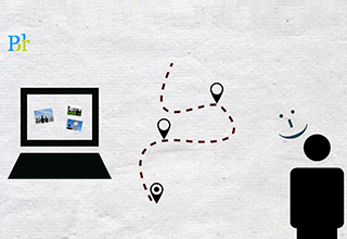 Eine Illustration der Firma Placelet mit Grafiken eines Computers, einer Routenlinie und einem Männchen