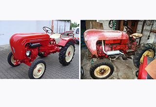 Ein Oldtimer-Traktor vor und nach der Reparatur