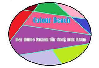 Buntes Plakat mit Aufschrift: Colour Beach Der Bunte Strand für Groß und Klein