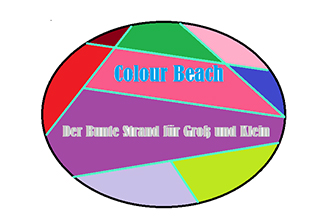 Buntes Plakat mit Aufschrift: Colour Beach Der Bunte Strand für Groß und Klein