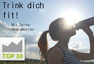 Werbeplakat von Hydrolution: Junge Frau trinkt aus der HydroBottle, Slogan: Trink dich fit! Mit deiner HydroBottle!
