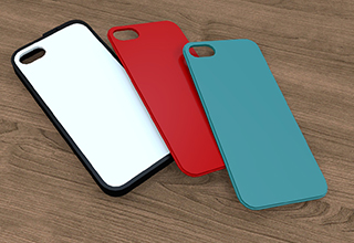 Link zur Seite „RECYCL3D PRINT“ (Drei unterschiedlich farbige Handyhüllen liegen auf einem Tisch)