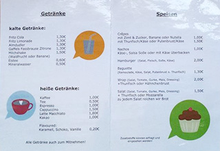 Abbildung der Speisekarte der Schülergenossenschaft "Rheincafé