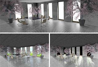 Link zur Seite „Tageslicht“ (Bild zeigt drei Räume mit unterschiedlichen Beleuchtungsverhältnissen)
