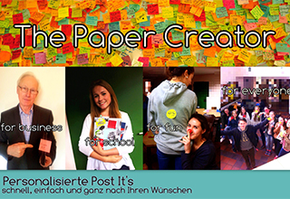 Werbeplakat von The Paper Creator zeigt Team-Mitglieder und Produkte
