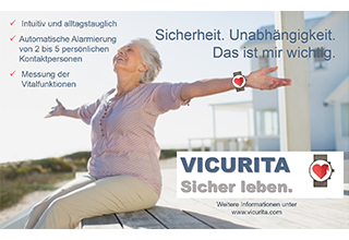 Werbeplakat von Vicurita zeigt zufriedene ältere Frau