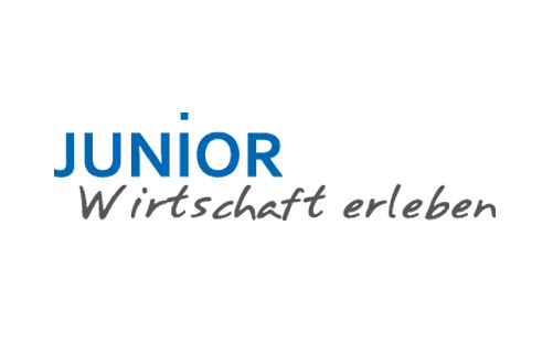 Logo von JUNIOR, Aufschrift in blauen und schwarzen Buchstaben: JUNIOR Wirtschaft erleben