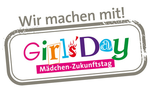 Logo vom Girls’Day, Schriftzug: Wir machen mit! Girls’Day Mädchen-Zukunftstag