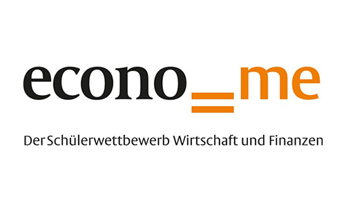 Logo des Schülerwettbewerbs econo=me,  Aufschrift: econo=me Der Schülerwettbewerb Wirtschaft und Finanzen
