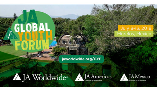 Plakat des JA Global Youth Forums in Mexiko mit Logos und Wald im Hintergrund
