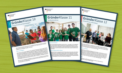 Titelblätter der aktualisierten GründerKlasse-Ausgaben 10, 11 und 12 aufgefächert nebeneinander