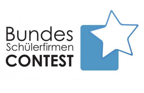 Logo des Bundes-Schülerfirmen-Contests, Auschrift neben blauem Stern und Rechteck: Bundes-Schülerfirmen-Contest