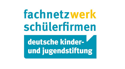 Logo vom Fachnetzwerk Schülerfirmen, Schriftzug in kleinen Buchstaben: fachnetzwerk schülerfirmen deutsche kinder- und jugendstiftung