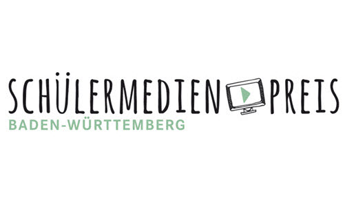 Logo vom Schülermedienpreis Baden-Württemberg, Aufschrift: Schülermedienpreis Baden-Württemberg mit kleinem Bildschirm und Play Button