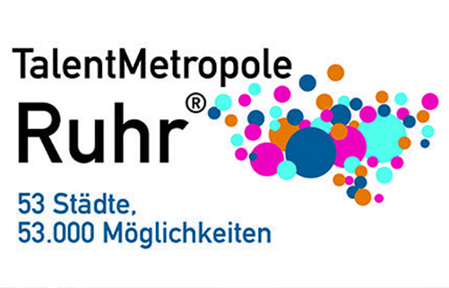 Logo der TalentMetropole Ruhr, Aufschrift: TalentMetropole Ruhr 53 Städte 53.000 Möglichkeiten