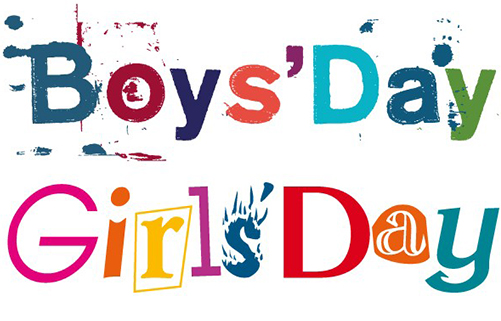 Logo vom Girls’Day und Boys’Day, Aufschrift in bunten Buchstaben: Boys’Day Girls’Day